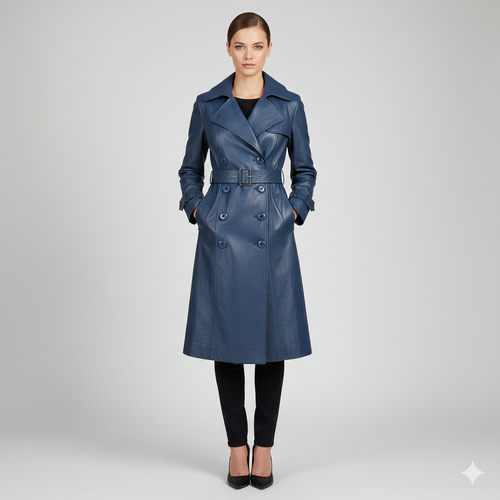 Women's navy blue leather trench coat with double-breasted buttons and a buckled belt.